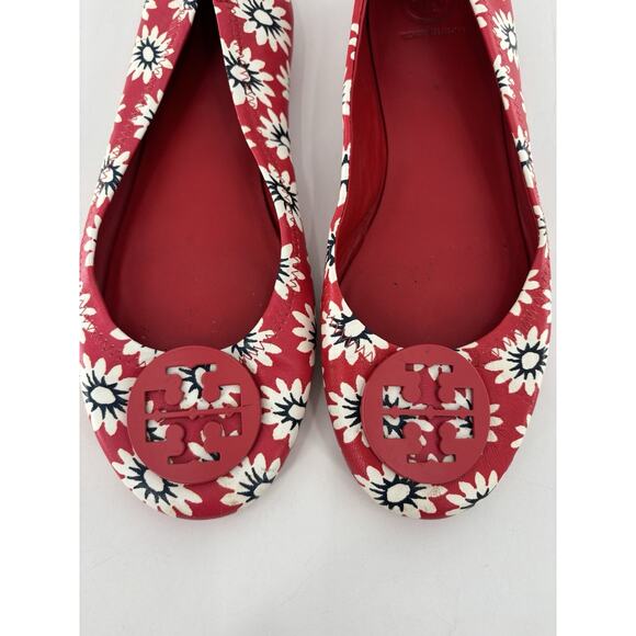 Tory Burch Minnie Travel Flats Womens 9M Red White Ballet Floral Leather Slip On - Picture 5 of 11